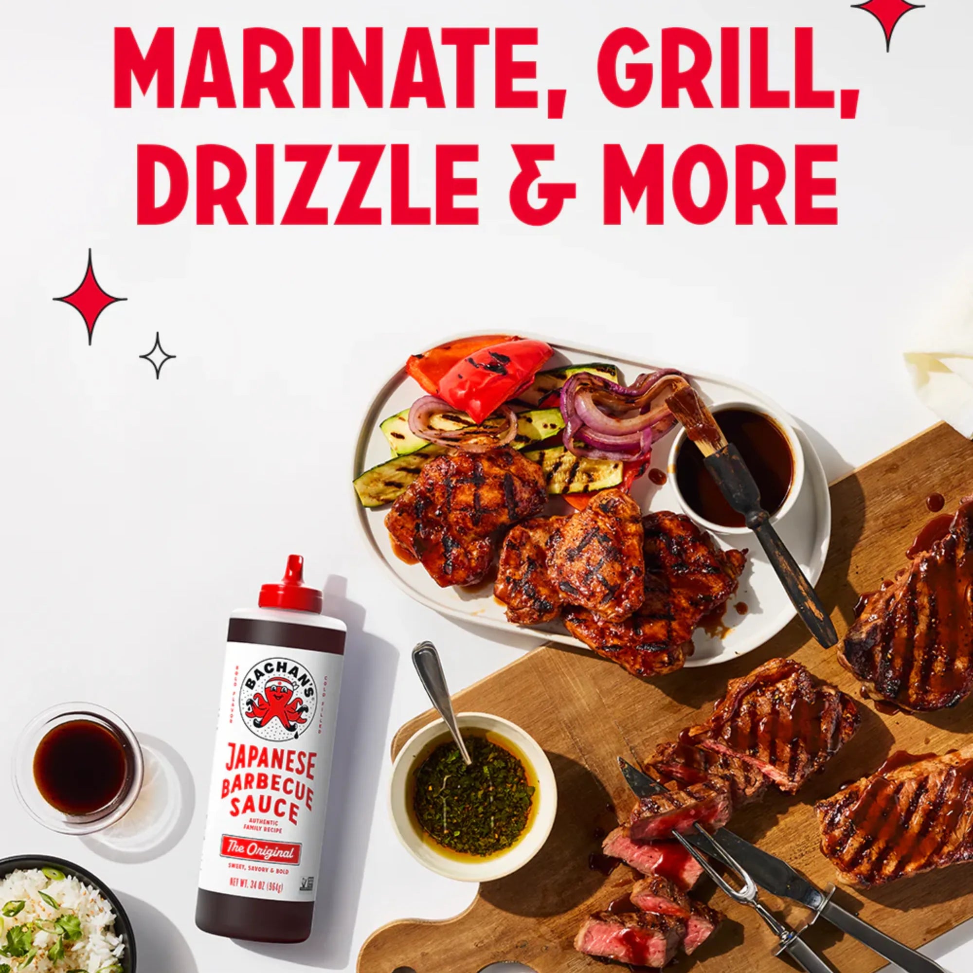 Bachan’s Original Japanese Barbecue Sauce showcased with grilled meats and vegetables, perfect for marinating and drizzling.