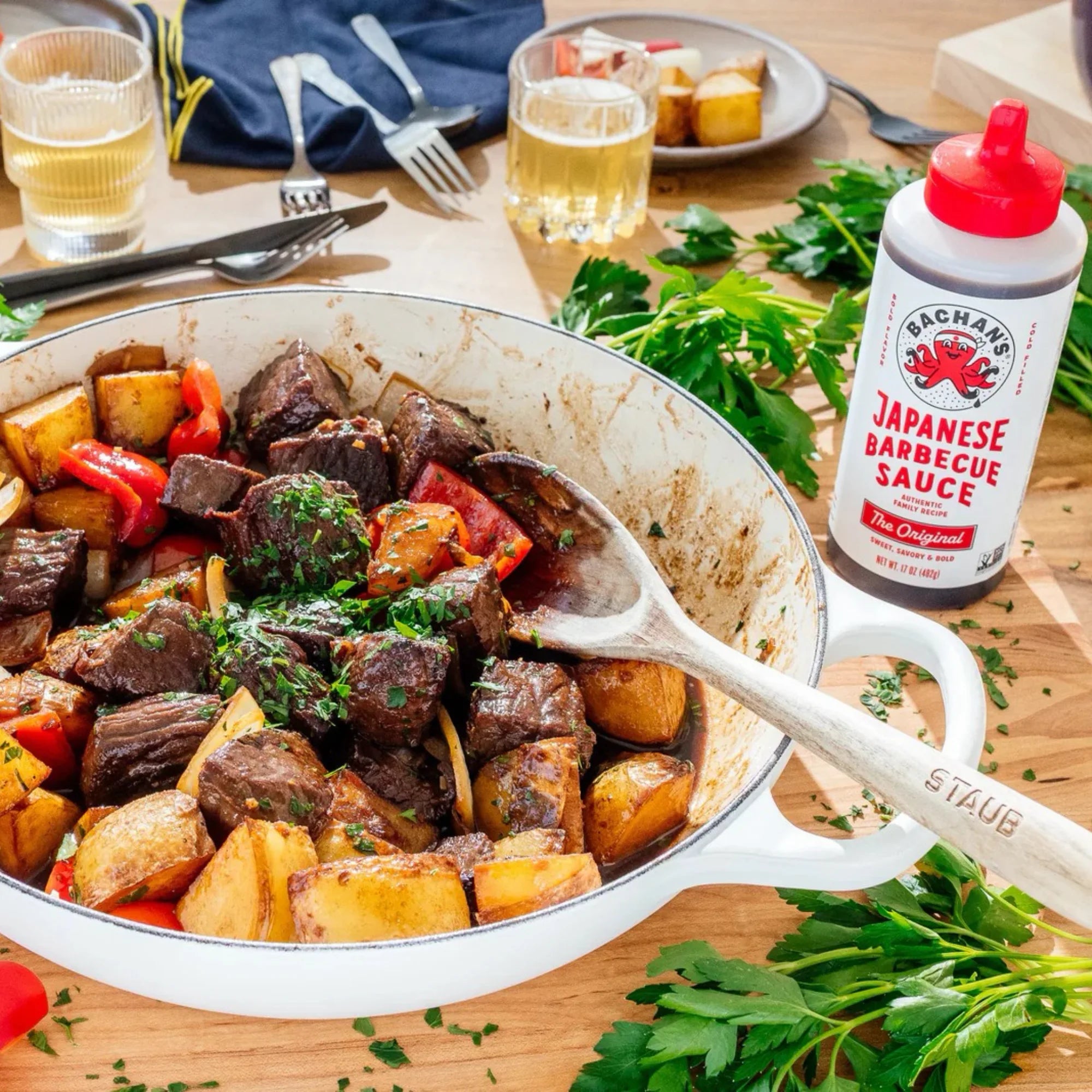 Delicious meat and vegetables prepared with Bachan’s Original Japanese Barbecue Sauce in a beautiful serving dish.