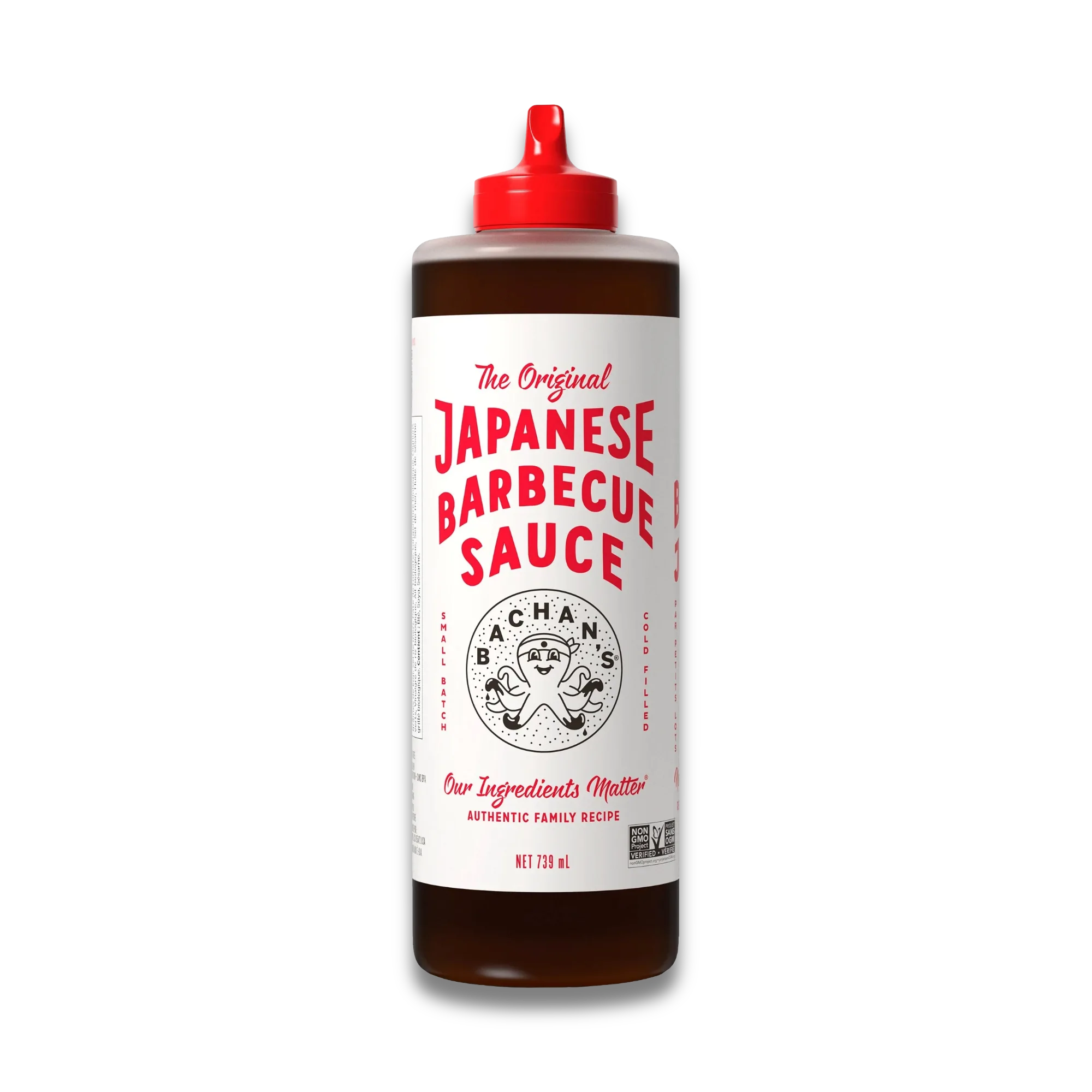 Bachan’s Original Japanese Barbecue Sauce bottle 739ml with red cap and label featuring ingredients.