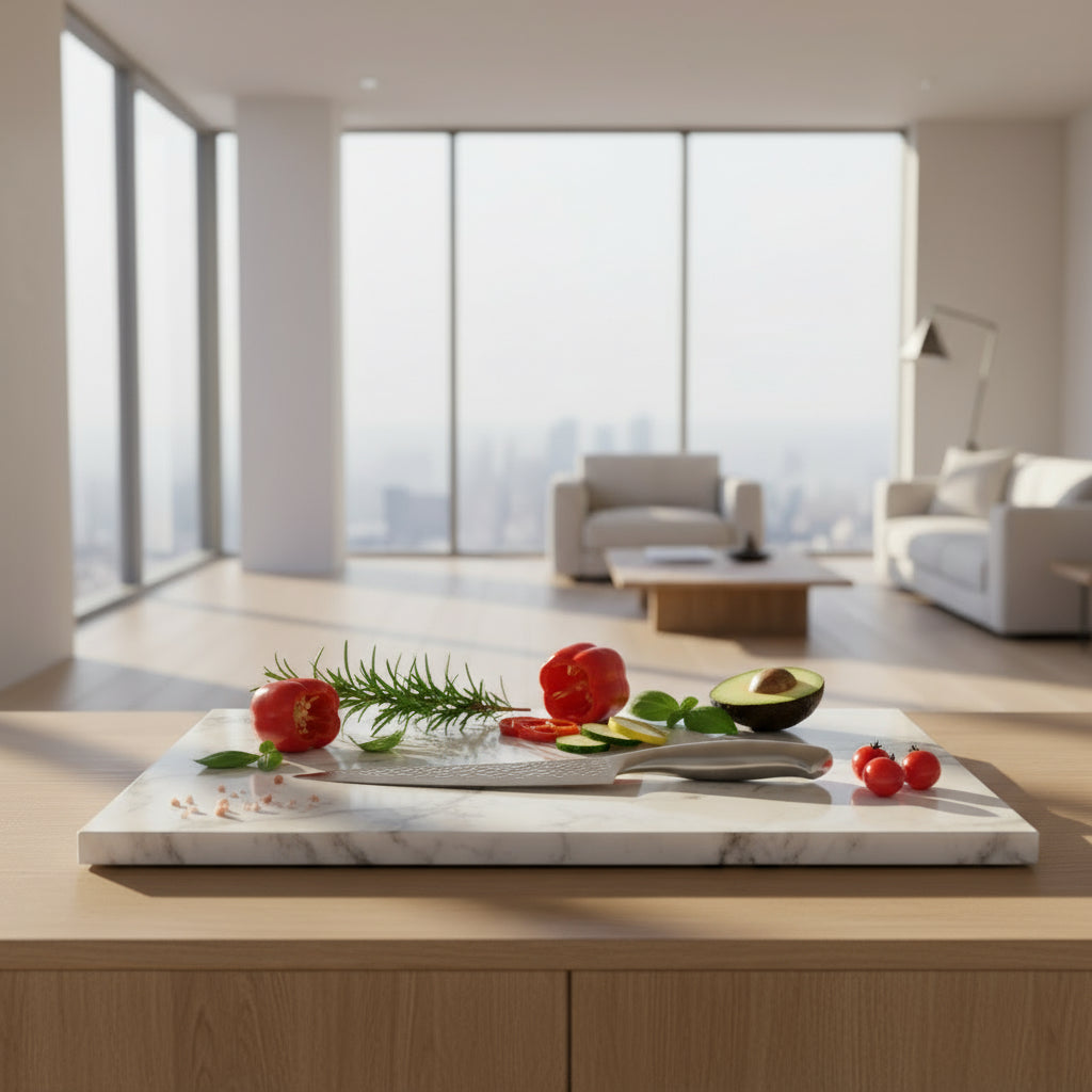 German 1.4116 steel chef knife with vegetables on marble cutting board in modern kitchen