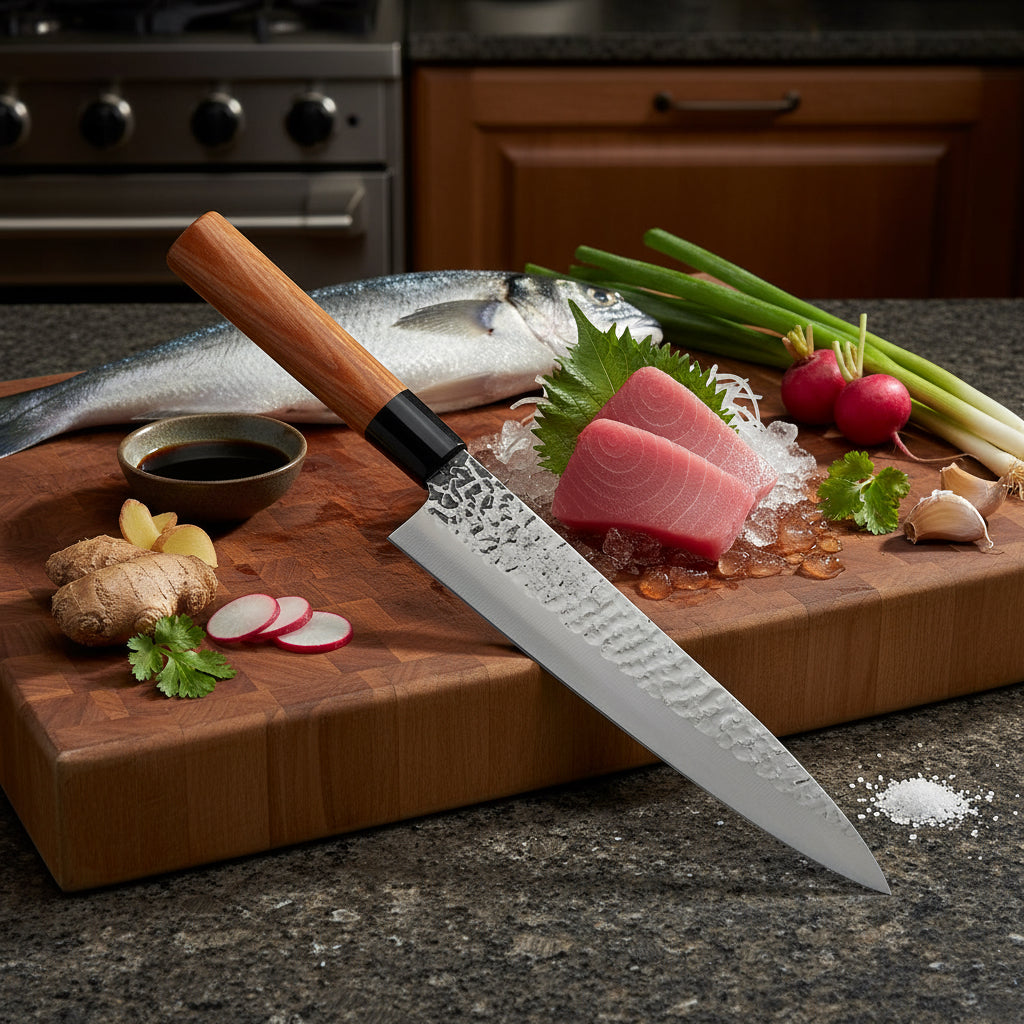Chef's knife with a wooden handle on a white background