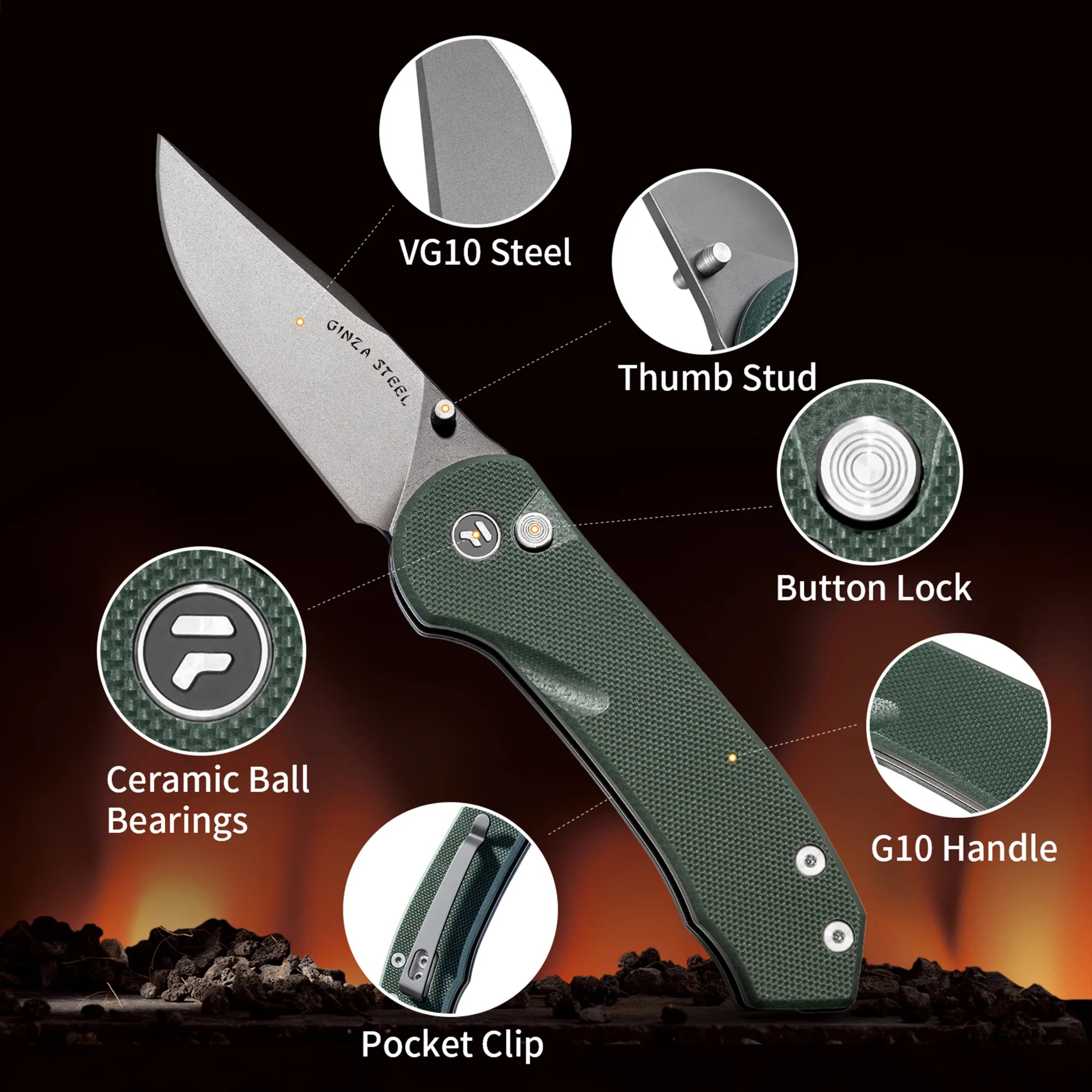 Quick Clip Folding Knife - 14C28N Steel, Military Green G10