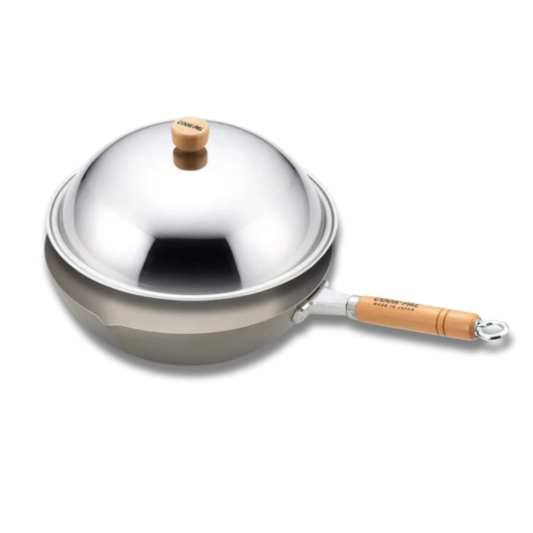Yoshikawa Cook-Pal Titanium Wok with Stainless Steel Lid 30cm, lightweight and durable cooking tool from Japan.