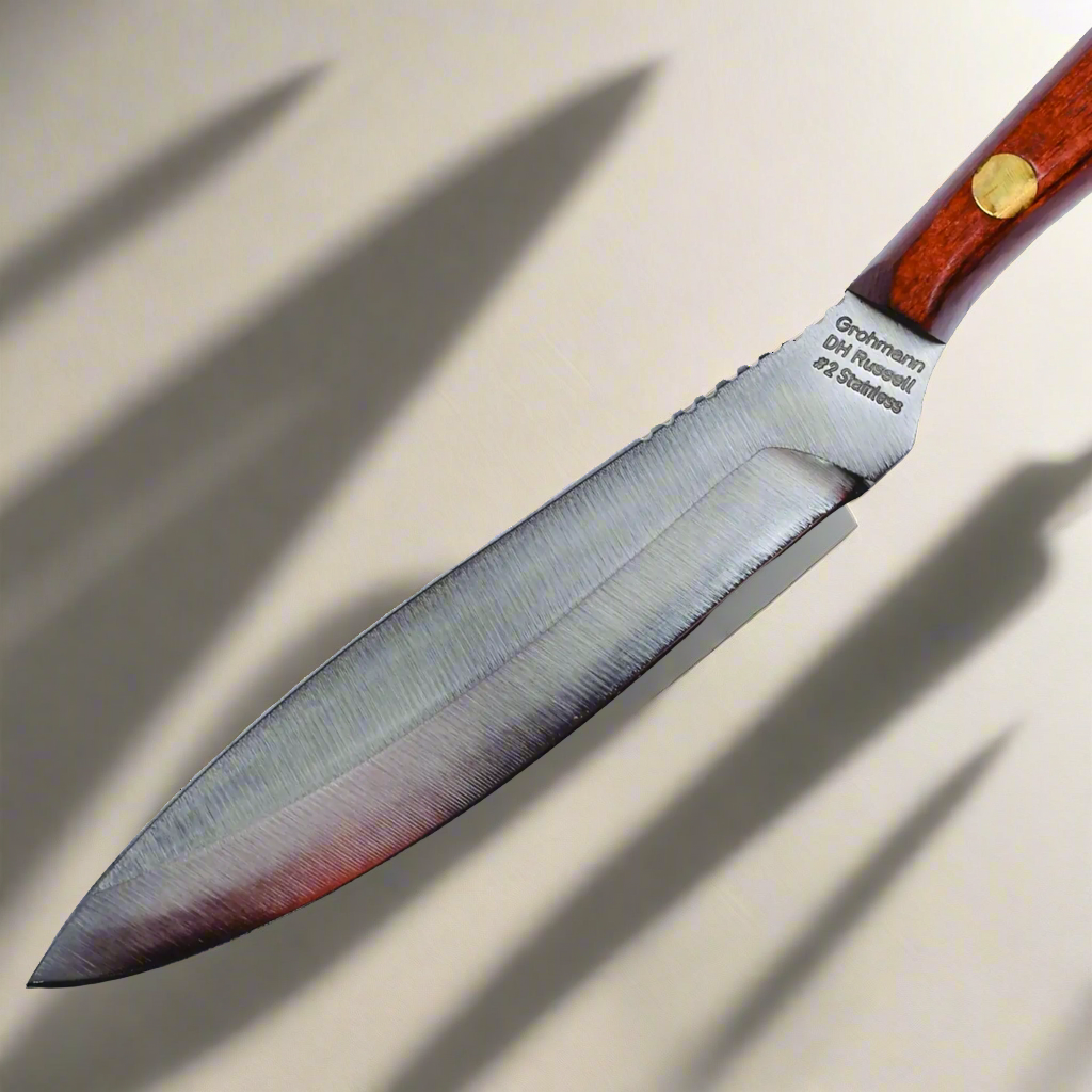 Grohmann Trout &amp; Bird Knife – Extra Resinwood Handle (Model X2S) Natural lightning close blade view Hunting knife
