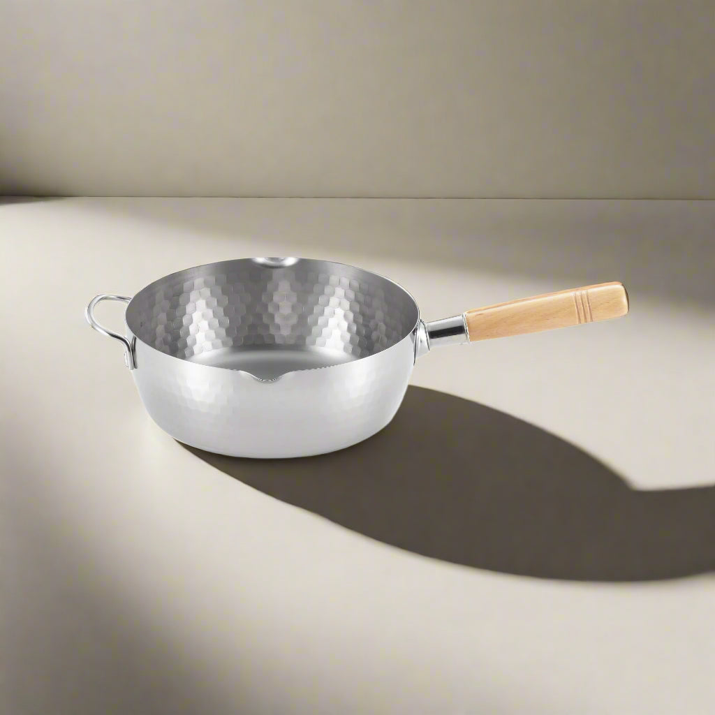 Yoshikawa Yukihira 24cm Pot stainless steel with wooden handle on a neutral background