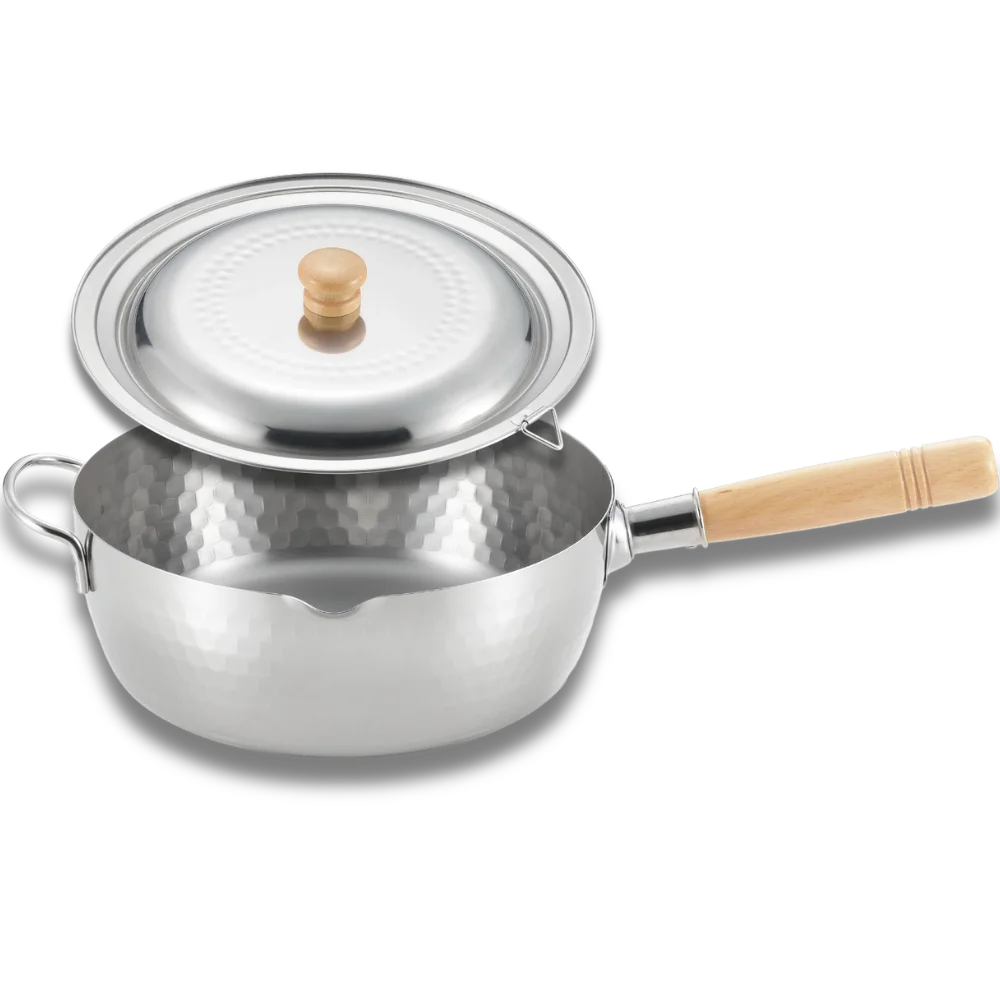 Yoshikawa Yukihira Saucepan 24cm with Lid | Stainless Steel Pot showcasing hammered design and wooden handle.