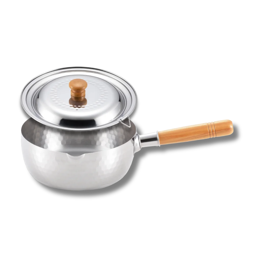 Yoshikawa Yukihira Saucepan 20cm with Lid, stainless steel pot with hammered body and wooden handle.