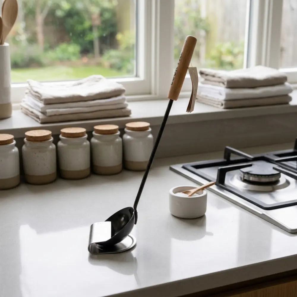Yoshikawa Cook-pal Carbon Steel Wok Ladle resting on Eatoco OKI Stand in a modern kitchen with neatly arranged jars.
