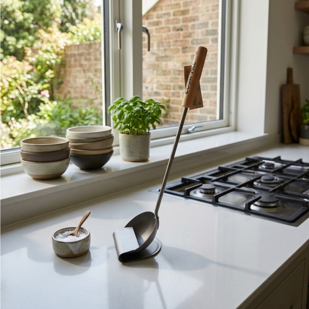 Yoshikawa Cook-Pal Chinese Titanium Ladle with Eatoco Oki stand on a modern kitchen countertop