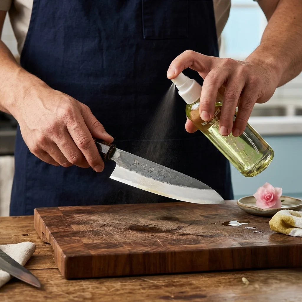 Application d'huile de camélia sur la lame d'un couteau