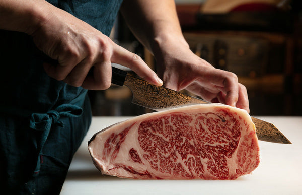 Chef slicing steak with a Seki Kanetsugu ZUIUN knife