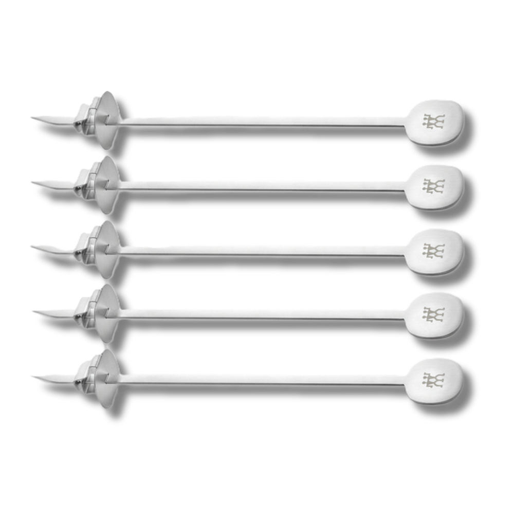 Set of six silver cocktail picks with white ends on a white background
