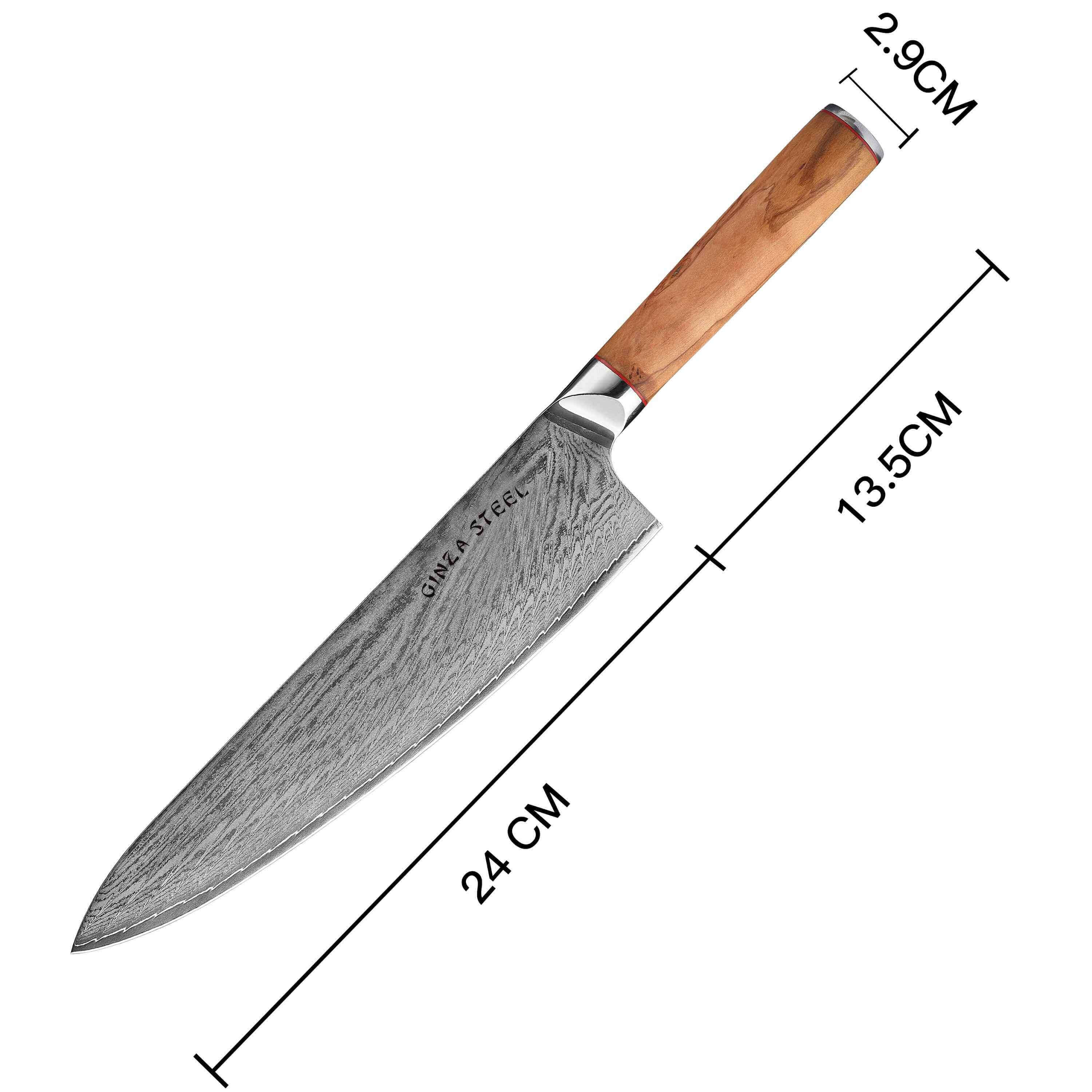 MIA 24 Couteau de chef 9" Acier Damas AUS10 67 couches/manche en bois d'olivier italien