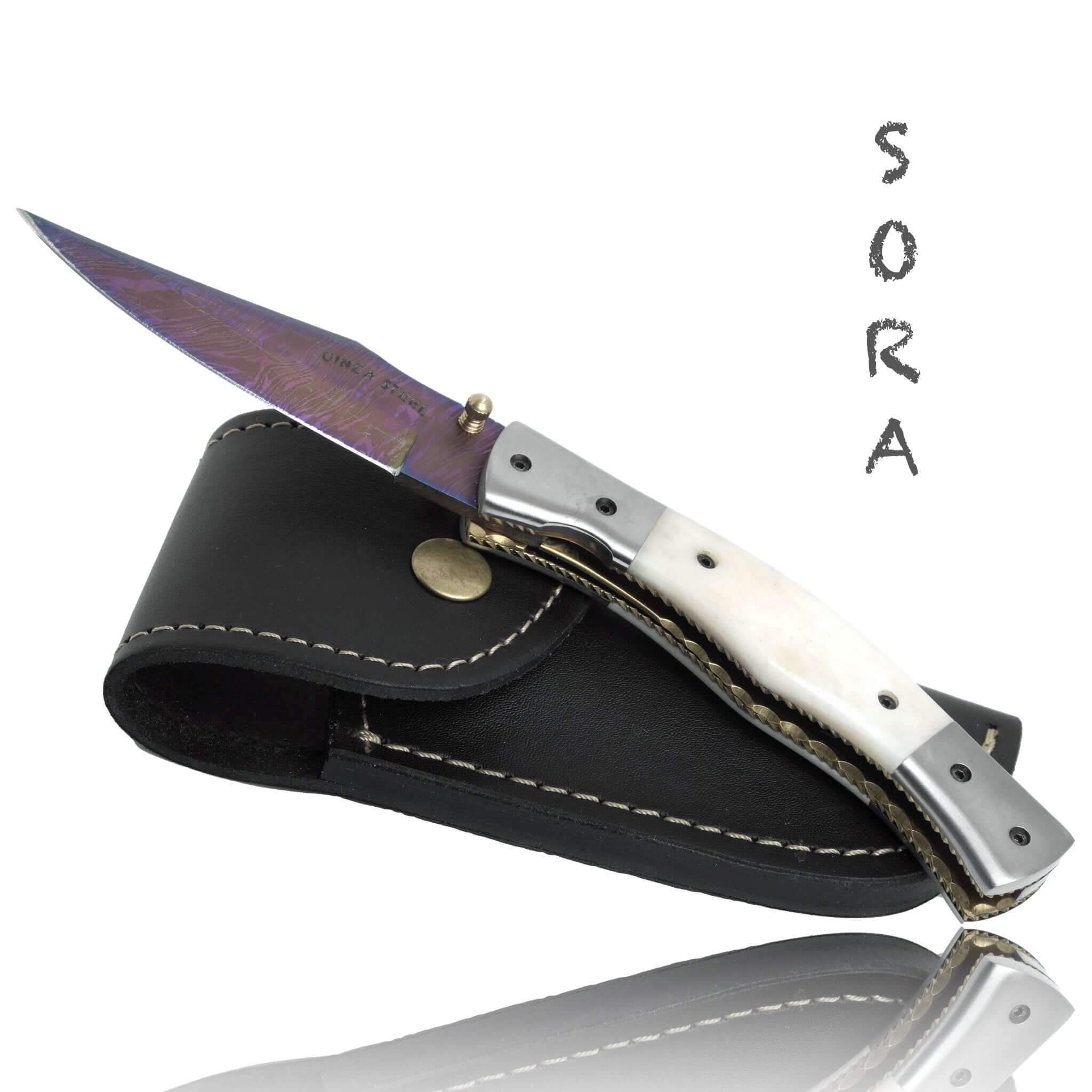 SORA Damascus Steel folding knife , Camel bone handle with Original leather case