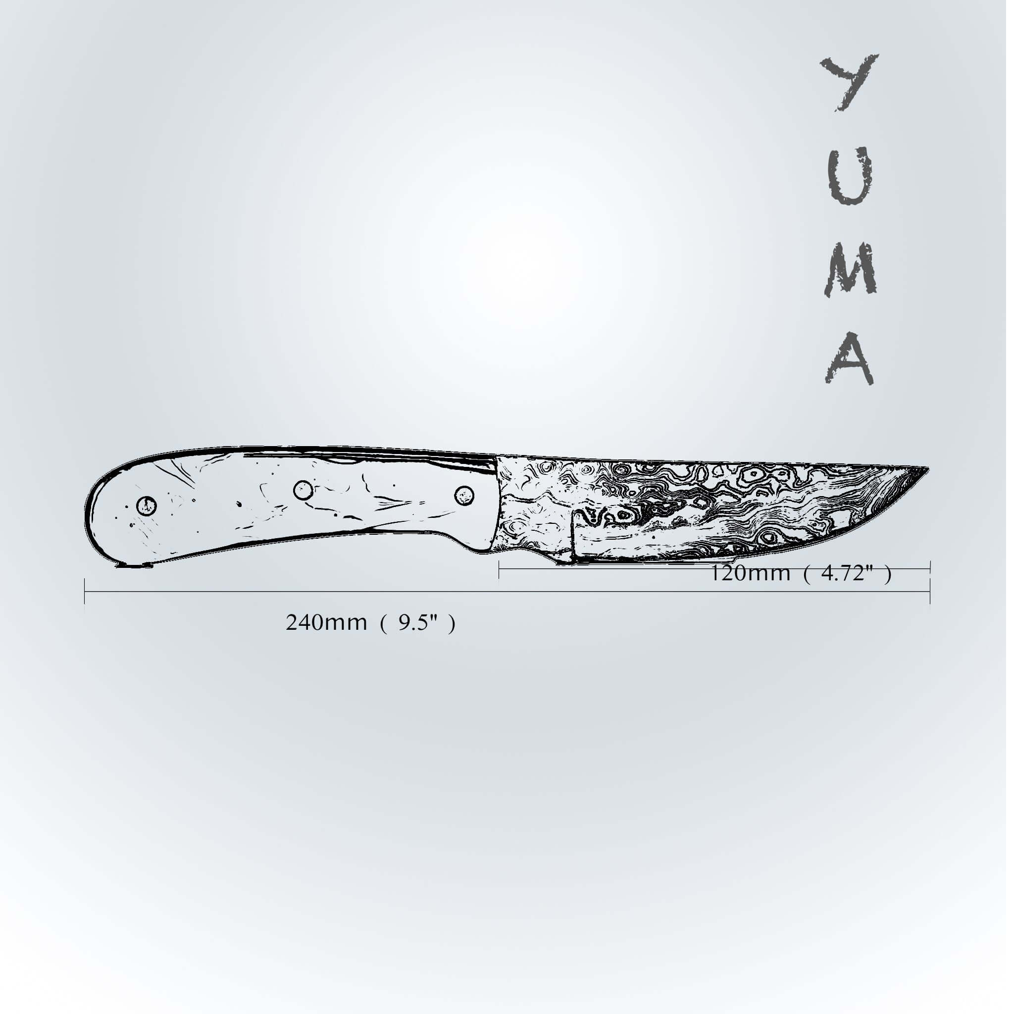 YUMA Damascus Steel Skinner Knife 9.4" avec gaine en cuir de vache d'origine
